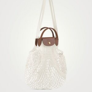 Longchamp Ecru Mesh Tote with Brown Leather Trim and Handles